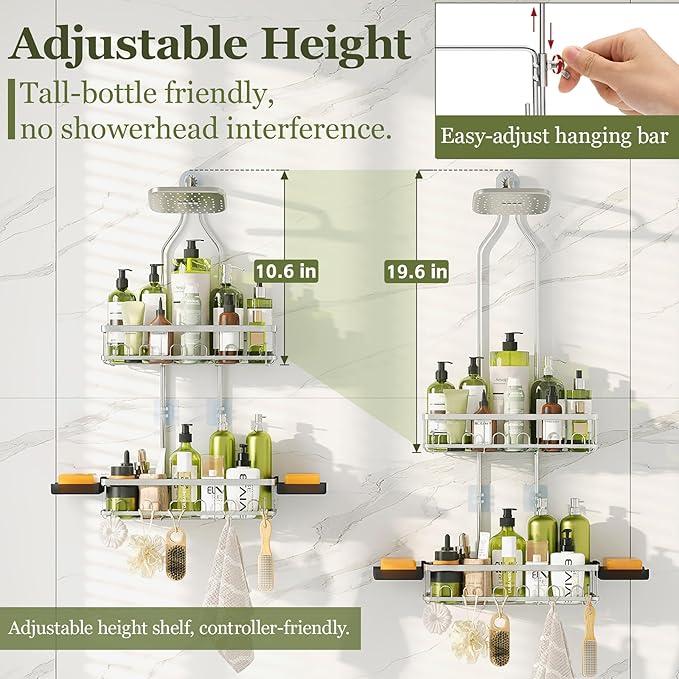 Skyapex Shower Caddy Hanging: Adjustable Height, Rustproof Shelves with Hooks, 2 Soap Holders - Silver Shower Organizer Over Showerhead