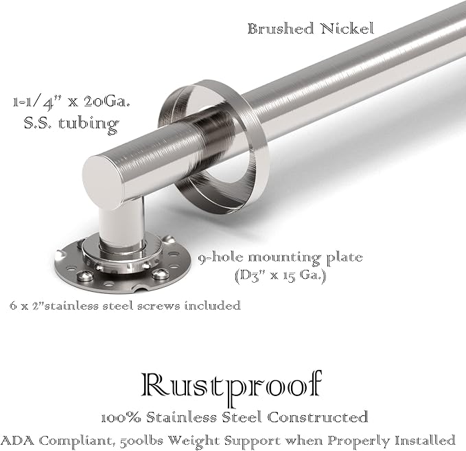 ADA Compliant Grab Bar, 500lbs Weight Support for Bath Safety (16 inch, Brushed Nickel)