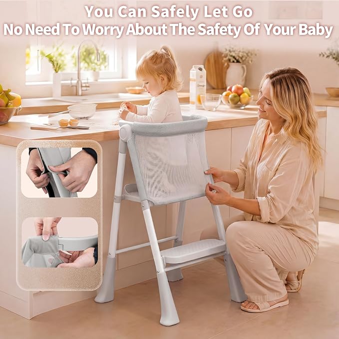 Toddler Step Stool Foldable, Kids Step Stools for Kitchen Counter, Foster Independence Learning Stool with Safety Guards&Net, Toddler Sturdy Standing Tower Kitchen Helper, Grey