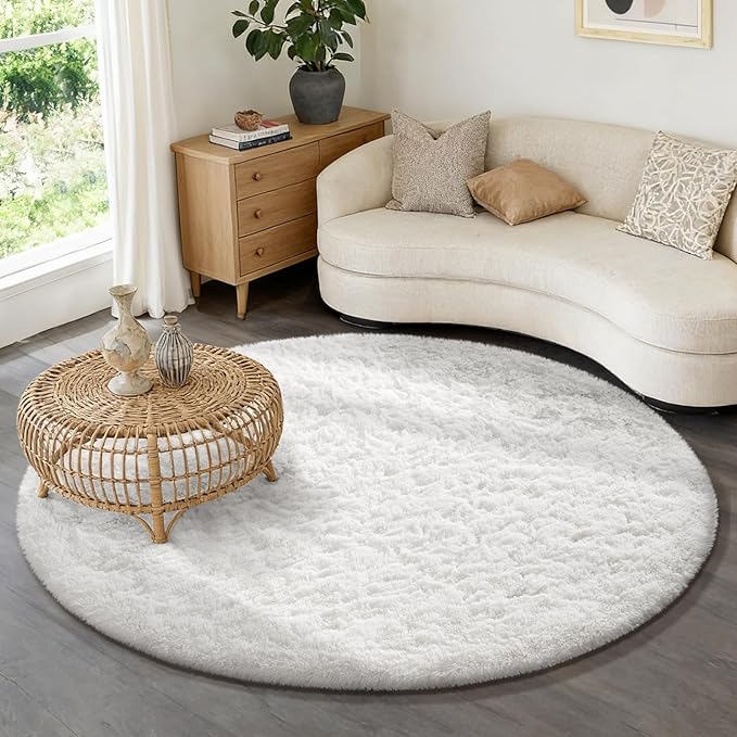 Ophanie Round Rug 6Ft White Circle Area Rug, Aesthetic Room Decor, Fluffy Fuzzy Bedroom Carpet, Plush Soft Shaggy Living Room Rugs for Kids Home, Nursery