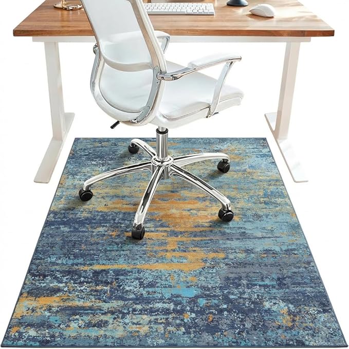 48"x72" Office Chair Mat for Hardwood Tile Floor, Under Desk Carpet Protector for Rolling Computer Chair Mat, Machine Washable Area Rug, Anti-Slip 1/5" Thick Low Pile Thin Vinyl Floor Mat, Blue Orange