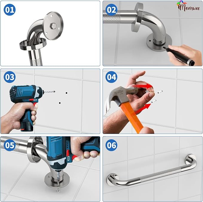 Anti-Slip Chrome Grab Bar 16 Inch, iMomwee 2 Pack Stainless Steel Bathroom Grab Bar w/Knurled Grip, Safety Shower Grab Bar for Wall, Toilet Balanced Support Bar Bathtub Assist Handle for Elderly