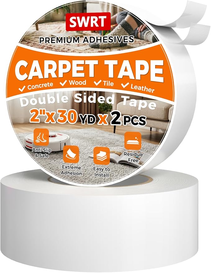SWRT 2 Pack Carpet Tape Double Sided, 2 Inch x 30 Yards – Carpet Adhesive for Hardwood Floors, Heavy Duty Anti Slip Rug Grip Tape, Works as Rug Grippers, Residue Free, Easy Removal for Tile