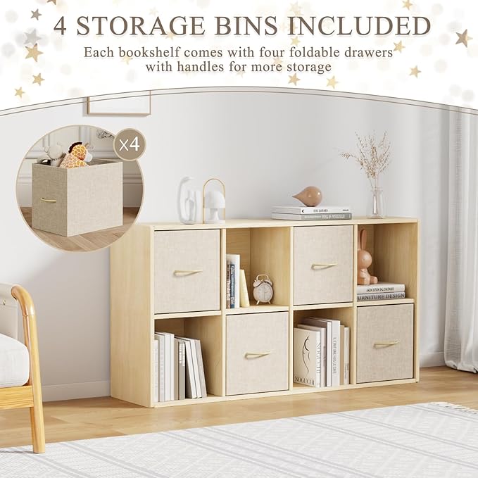 EXPERLAM 8 Cube Storage Organizer - Solid Wood Bookshelf with 4 Storage Bins, Cube Shelf with 2 Removable Back Panels, Vertical or Horizontal Bookcase, Open Book Shelf for Bedroom, Living Room, Office