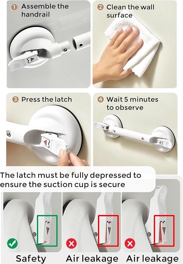Heavy Duty Grab Bars for Bathtubs and Showers, 300-pound Weight Capacity, 17in Suction Shower Grab Bars for Seniors, No Drilling Waterproof(White)