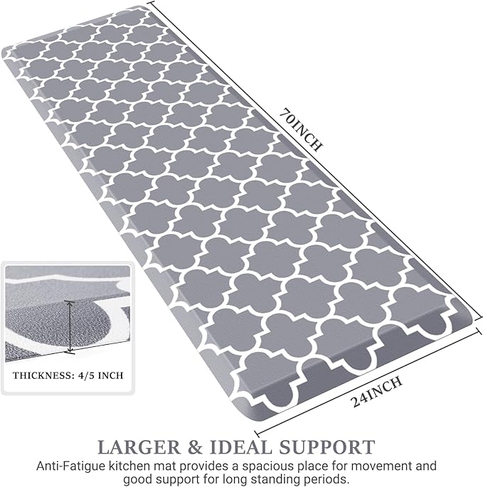 WISELIFE Anti Fatigue Floor Mat - 4/5 Inch Thick Kitchen Mat Non Slip Waterproof Heavy Duty Ergonomic Comfort Mat Durable for Home, Office, Sink, Laundry,(24" x 70", Grey)