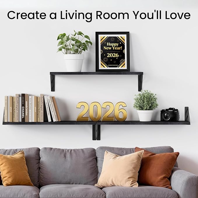 BAYKA Wall Mounted Floating Shelves, Wood Floating Wall Shelf for Books & Decor, Small Space-Saving Display & Organizer（Black，36in，Set of 3）