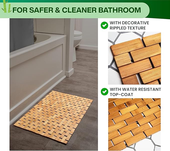 Bamboo Bath Mat - Foldable, 34x18-Inch Wood Bathmat for Bathroom Sauna Spa Door Kitchen Floor and Countertops - Modern Farmhouse Decor Accessory