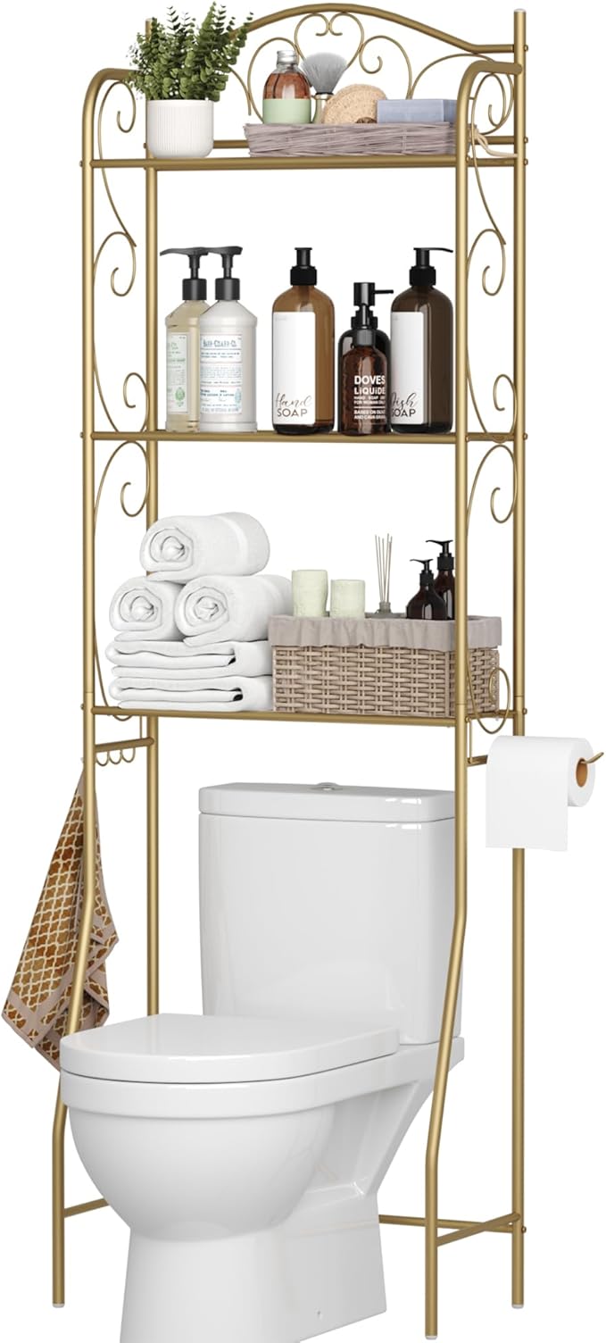 HOME BI Over The Toilet Storage Shelf, 3-Tier Over Toilet Bathroom Organizer Rack, Freestanding Space Saver Toilet Stands with Hooks (Gold)