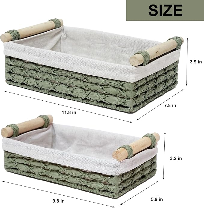 Storage Basket Wicker Baskets for Organizing with Handle Decorative Storage Bins for Countertop Toilet Paper Storage Basket for Toilet Tank Top Small Baskets Set (Set of 2,Green)