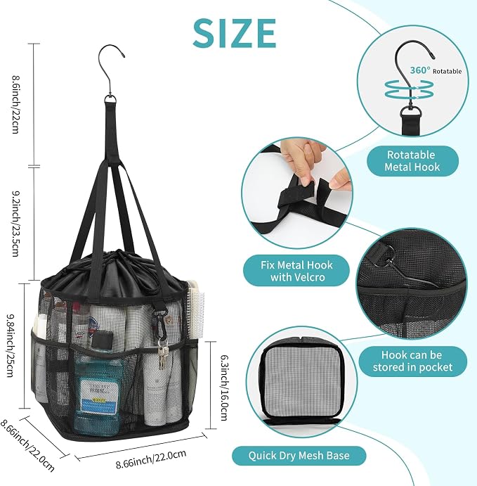 Mesh Shower Caddy Portable for College Dorm Room Essentials, Shower Tote Bag with Hanging Hook and Drawstring, Quick Dry Toiletry Bag with 6 Pockets for Bathroom, Swimming, Gym, Camping, Beach, Travel