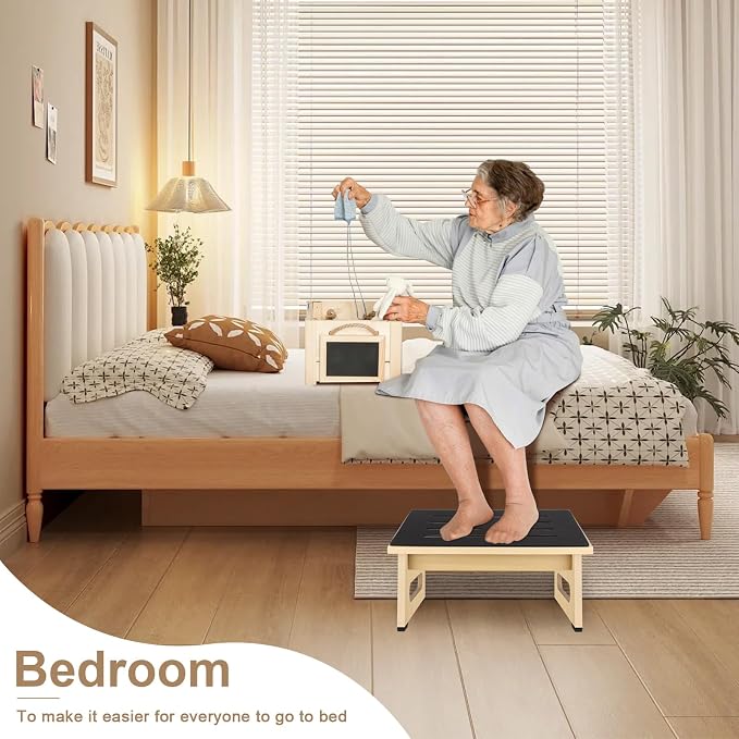 Step Stool, Bed Steps for High Beds for Adults with Non-Slip Rubber Stepping Surface and Handles, 450 LBS Capacity for Bedroom Kitchen Bathroom, or Bedside, Senior Support(Natural)
