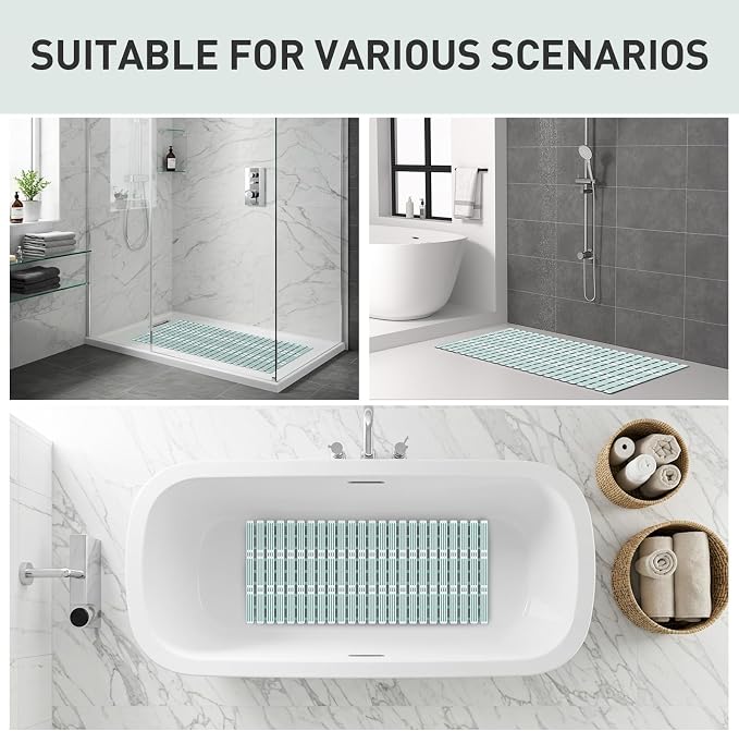 XIYUNTE Shower Mat Non Slip Bath Mat for Tub - 36 x 16 Inch Bathtub Mat Non Slip Shower Mats for Inside Shower, TPE Bath Mat with Suction Cups and Drain Holes, Easy to Cut, Green