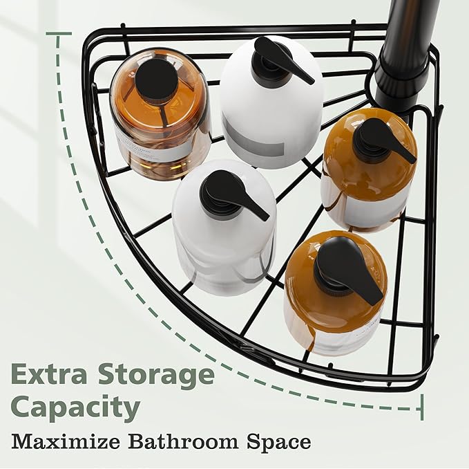 KEGII Corner Shower Caddy Tension Pole, 4-Tier Large Capacity Shower Shelves, Adjustable 52-114.2 Inch No-Drill Rustproof Corner Bathroom Organizer with Towel Bar, Hooks & Razor Holder, Black