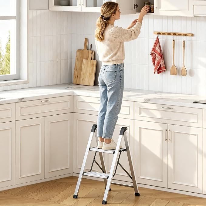 KINGRACK Aluminum Step Ladder, 2 Step Ladder Folding Design, Step Stool Foldable with Safe Grip, Non-Slip Handrails, Safety Lock, Heavy Duty 330LBS for Home, Kitchen, Garage, RV, Sliver