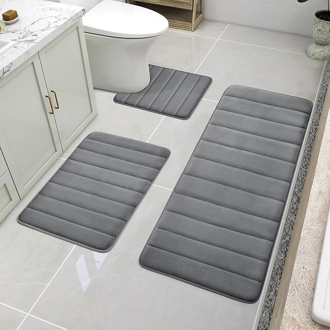 BYSURE Dark Grey Memory Foam Bath Mats, Non Slip Extra Soft Absorbent Machine WashableToilet Bathroom Rug Set 3 Piece (20"x32"+24"x44"+U Shape 20"x24")