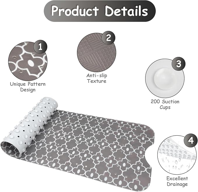 Bathtub Mat Non Slip, Grey Extra Long Bath tub Mat Shower Floor Mat with Suction Cups and Drain Holes for Adults Kids Elderly 40 X 16 Inch
