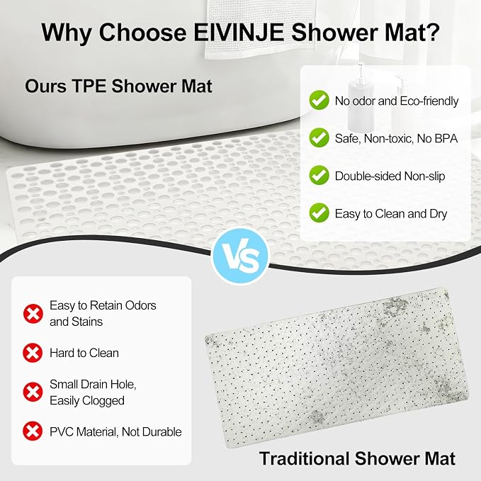 Non Slip Shower Mat with Suction Cups, 31.5x47.2 Inch Quick Drain TPE Anti Slip Shower Mats for Inside Shower, Large Shower Stall Mat Soft on Feet, Easy to Dry&Cut Machine Washable