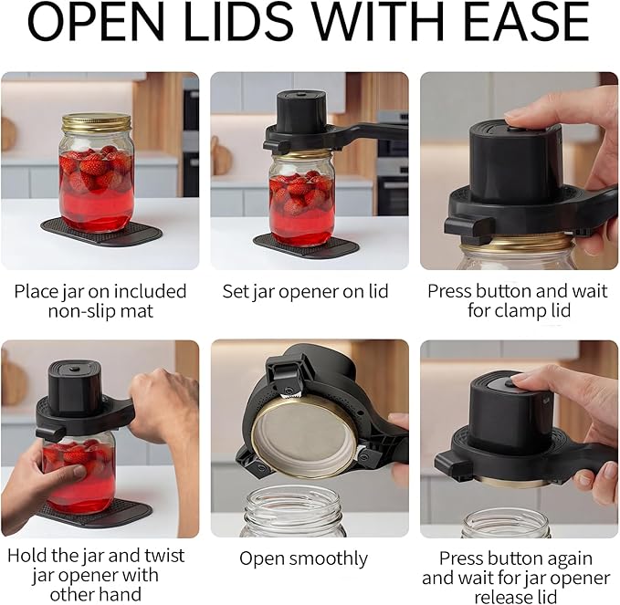 Electric Jar Opener for Seniors with Arthritis, TFCC & Weak Hands, Patented Power-Grip Auto-Tighten Manual Lid Opener, Rechargeable 2-in-1 Jar & Bottle Opener with Storage Hook & Non-Slip Pad(Black)
