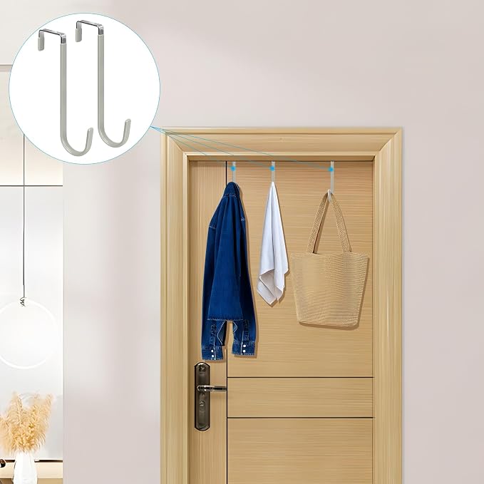 FYY Over the Door Hooks, 4 Pack Upgraded Long Door Hangers Hooks with Rubber Prevent Scratches Heavy Duty Organizer Hooks for Hanging Clothes, Towels, Hats, Coats, Bags Grey