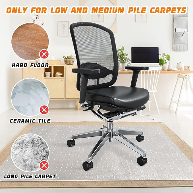 Office Chair Mat for Carpet Floors, 48" x 30" Clear Desk Chair Mats for Low Pile Carpeted Protector, Sturdy PVC Computer Chair Mats Anti-Slip and Easy to Clean for Home & Office
