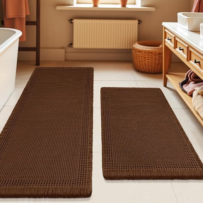 Waffle Bath Mat Set 2 Piece, Boho Woven Modern Bath Rug Absorbent Non Slip, Ultra Soft Bathroom Mats, Machine Washable Knit Bath Rugs with Border for Bathroom, Bedroom, Kitchen, Shower, Tub, Brown