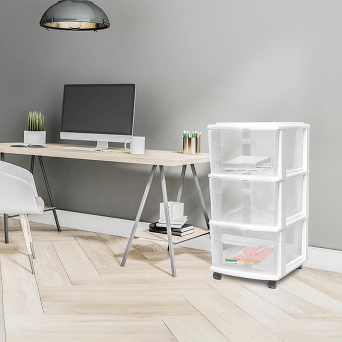 HOMZ Drawer Tower, 3-Tier Rolling Storage Cart with Removable Wheels, White Frame – Plastic Organizer with Clear Bin Drawers for Bedroom, Bathroom, Home Office, and Dorm Room