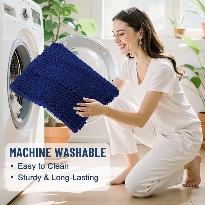 Grandaily Chenille Striped Bathroom Rugs 40x32, Extra Thick and Soft Absorbent Bath Mats, Rubber Backing, Plush Shaggy Shower Carpet, Machine Wash Dry, Bath Rug for Bathroom, Navy Blue