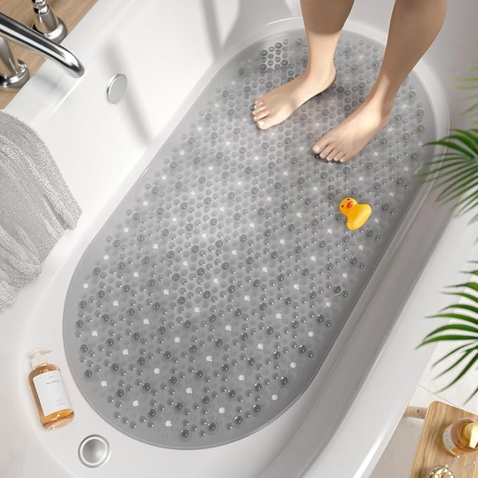 HITSLAM Non Slip Bathtub Mat, 27x15 Inch Bath Mat for Tub with Suction Cups and Drainage Holes, Machine Washable Oval Shower Mat for Kids, Seniors and Daily Use, Phthalate Free PVC, Grey
