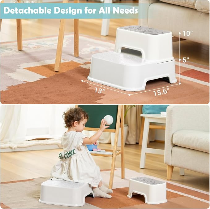 2 Step Toddler Step Stool, Non-Slip Multifunctional Kids Step Stool for Bathroom Sink & Toilet Potty Training,Supports Up to 220 lbs (2 Packs, White)