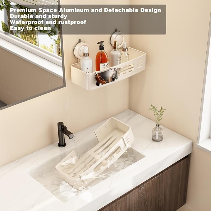 Voldra Shower Caddy Suction Cup, Shower Shelves for Inside Shower No Drilling, Aluminum Suction Showers Organizer for Wall with Towel Bar & Hooks Removable Bathroom Storage Rack (2 Pack-Cream White)