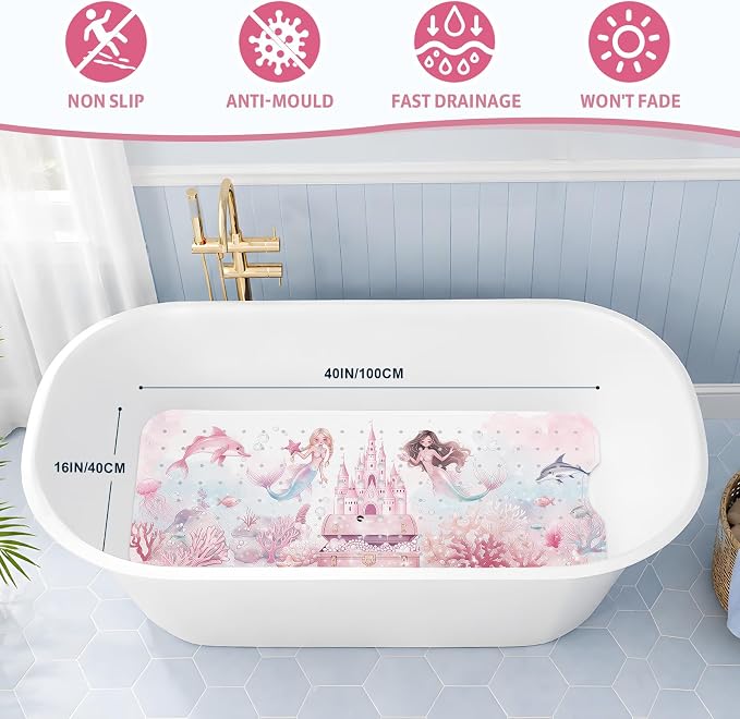 XIYUNTE Baby Bath Mat for Tub Non Slip Kids, BPA Free Extra Long Bathtub Mat 40x16 with Drain Holes and 200 Suction Cups, Non Toxic Machine Washable Toddler Bath Mat, Eco-Friendly Certified
