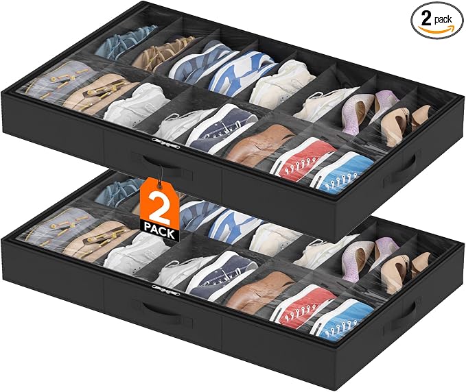 Lifewit Under Bed Shoe Storage Organizer 2 Pack(16 Shoes Cells), 4.3 Inches Profile Fabric Shoes Container Box with Clear Cover, Foldable Storage Bag with 2 Handles, Fits 16 to 32 Pairs