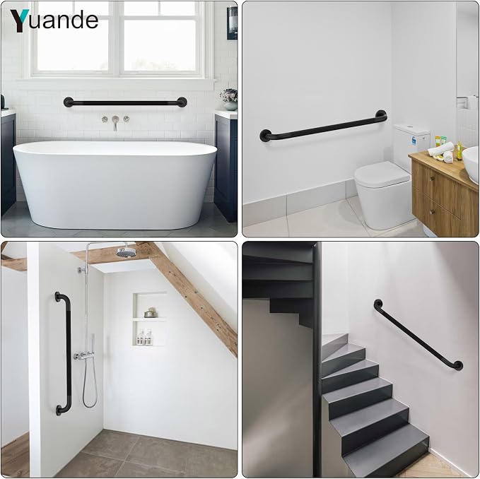 32 Inch Black Shower Grab Bar with Anti-Slip Knurled Grip,YuanDe Stainless Steel Bathroom Grab Bars，Shower Handrail Support, Handicap Elderly Balance Assist Handles