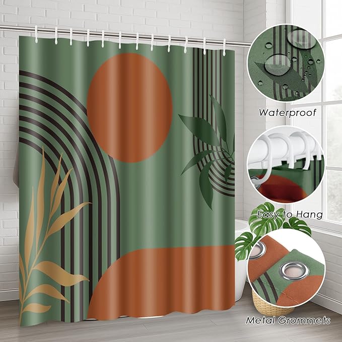 Boho Mid Century Shower Curtain Set with Toilet Lid Cover and Non-Slip Rugs, Green Background 4 Pcs Modern Minimalist Shower Curtain for Bathroom Set with 12 Hooks