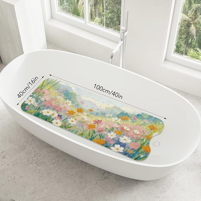 SHUCHING Colorful Flower Bath Mat for Tub Non Slip-40 X 16Inch, Bathtub Mat Anti Slip for Women, Extra Long Shower Mat for Bathroom Mold Free, Machine Washable