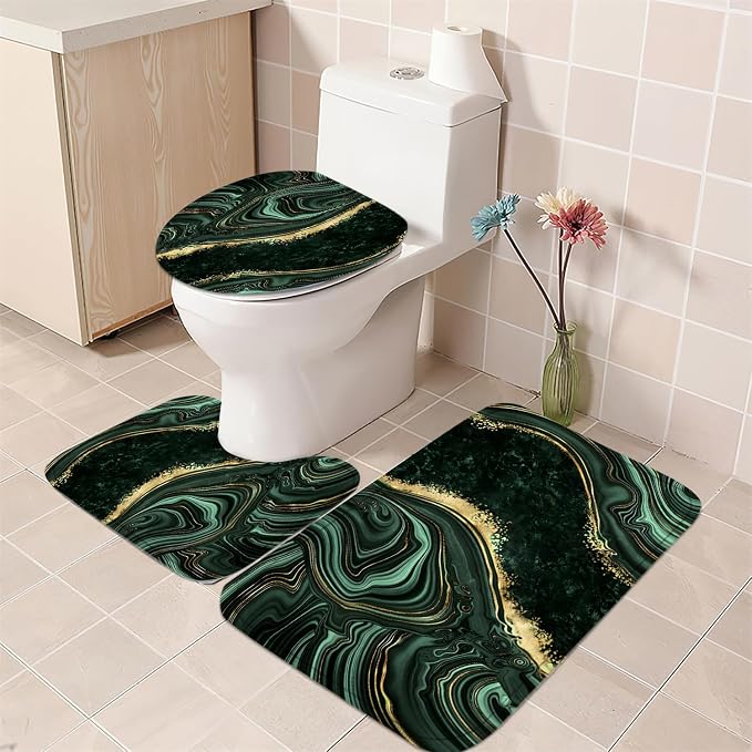 Nkzply 4 Pcs Green Marble Shower Curtain Sets with Rugs Gold Bathroom Sets with Shower Curtain and Rugs Modern Abstract Bathroom Decor Accessories Shower Curtains for Bathroom Toilet Lid Cover