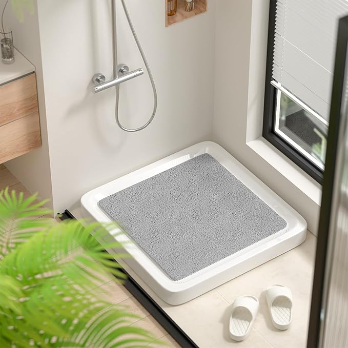 HITSLAM Square Shower Stall Mat, 21 x 21 Inch Non Slip Bath Mat for Tub, Soft PVC Loofah Bathtub Mats, Quick Drying Bathroom Shower Mat Anti Slip, Soft on Feet, Grey
