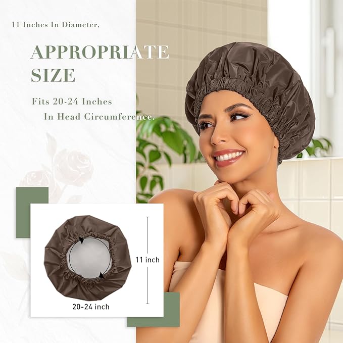 Reusable Shower Cap for Women, Large Waterproof Shower Bonnet with Elastic Band, Washable Bath Hair Cap for Long, Curly Hair, Braids, Daily Shower, Home Spa, Travel(Dark Coffee)