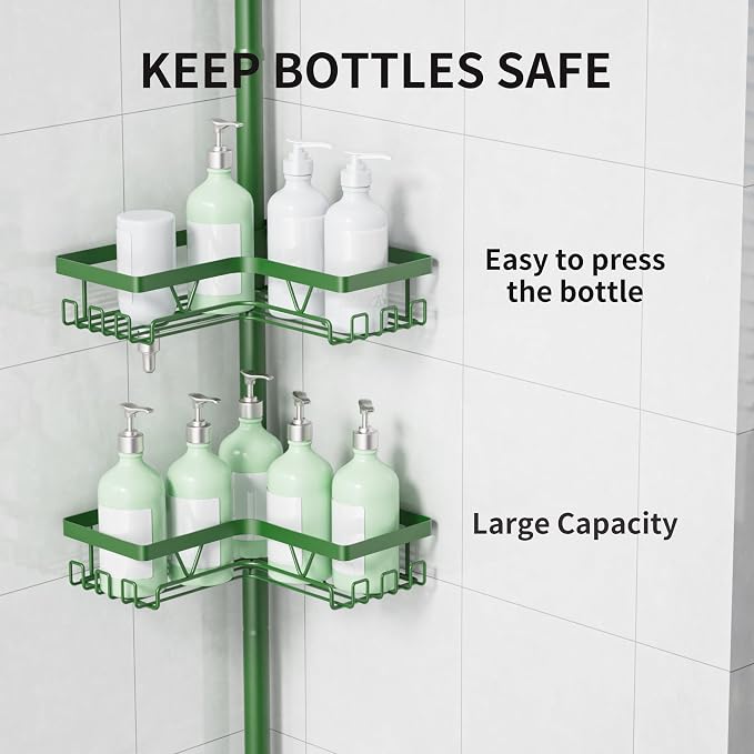 KEGII Shower Caddy Tension Pole, 4-Tier Rustproof Adjustable Corner Bathroom Organizer for Renters, 25–114.2 Inch No Drill Space-Saving Shower Storage Rack, Emerald Green