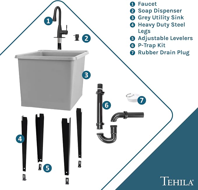 Grey Space Saver Utility Sink by JS Jackson Supplies, Freestanding Tehila Space Saving Laundry Tub, Matte Black Pull-Down Faucet, Soap Dispenser