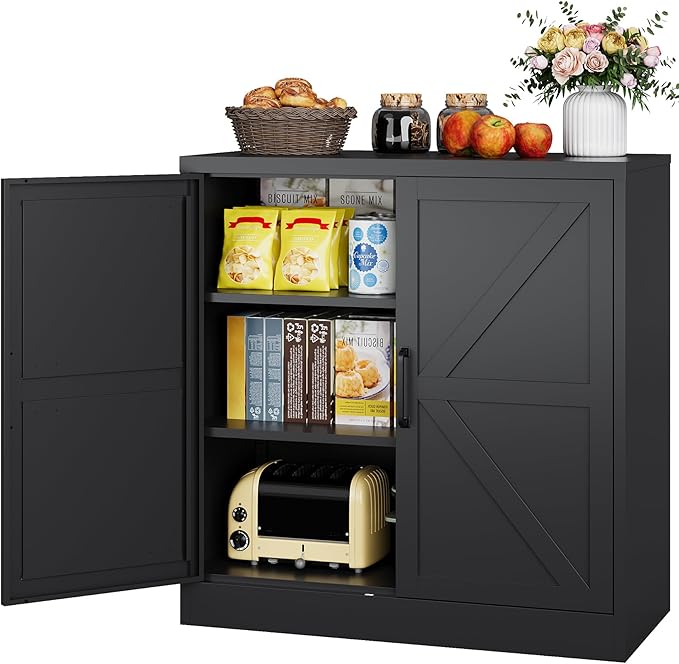 Metal Storage Cabinet with Doors & Adjustable Shelves, 36" Tall Farmhouse Pantry Cabinet, Small Sideboard for Kitchen, Dining, Living & Laundry Room, Black
