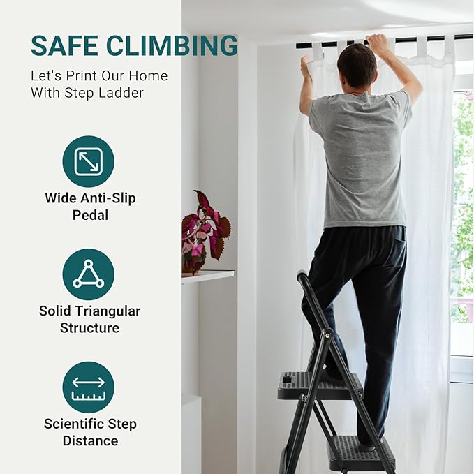 DUMOS Step Ladder, 2 Sturdy Step Stool with Anti-Slip Pedal & Comfortable Handrail, Portable Heavy Duty Step Stool for Kitchen, Garage & Outdoor Use, 800lbs, Black
