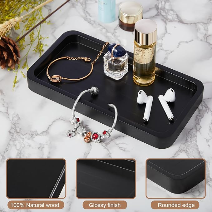 ALELION 8" Bathroom Vanity Tray for Counter - Wood Tray for Dresser Tops Perfume Jewelry Candle Key Catchall - Black Kitchen Countertop Organizer for Soap Dispenser and Sponge Holder