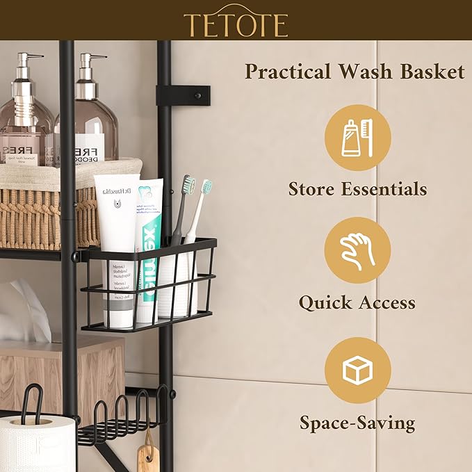 TETOTE Over The Toilet Storage Rack, 3-Tier Bathroom Organizer Shelf Over Toilet with Toilet Paper Roll Holder, Freestanding Metal Rack, Black