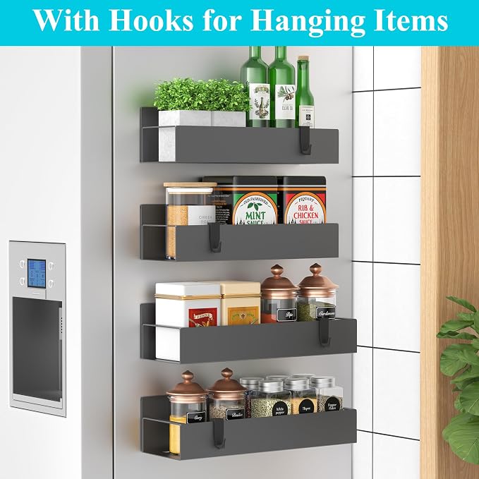 HuggieGems 4 Pack Magnetic Spice Storage Rack Organizer for Refrigerator and Oven, Dark Gray Fridge Organizers and Storage