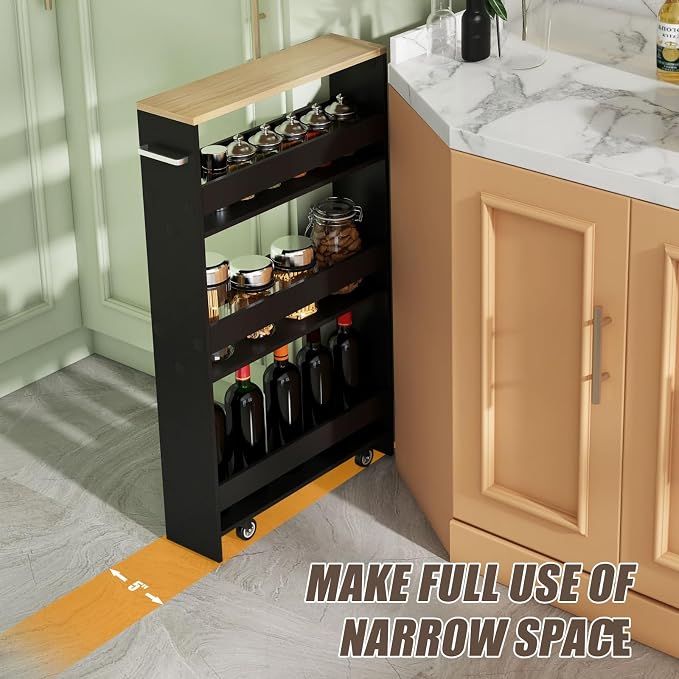 Giantex 4 Tier Rolling Slim Storage Cart, 5" Narrow Slide Out Kitchen Cart w/Handle & Open Shelves, Space-Saving Compact Mobile Utility Trolley for Small Space Laundry Room (Black & Natural)