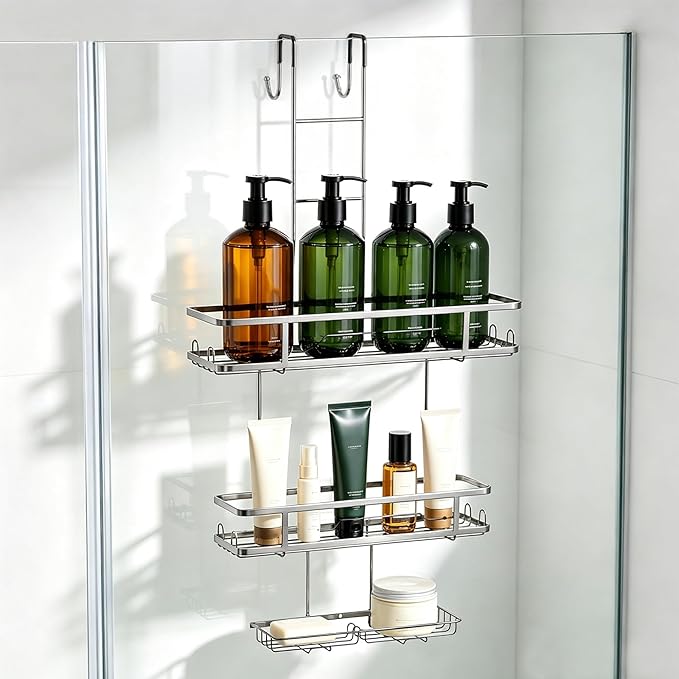 OMAIRA Over The Door Shower Caddy, 3-Tier Hanging Shower Organizer with 8 Hooks & Soap Holder, Height-Adjustable Rustproof Bathroom Shelf for Shower Door, No Drilling Storage Rack, Sliver
