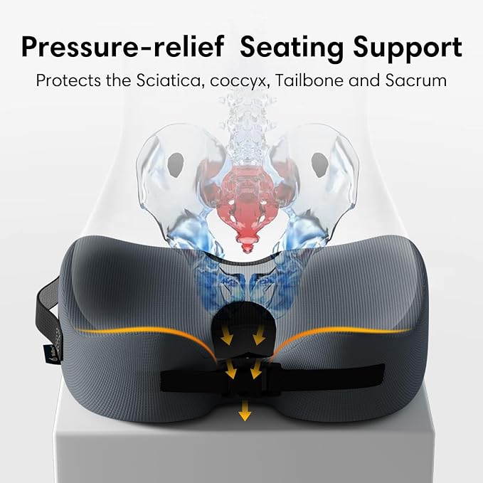 Large Memory Foam Seat Cushion for Office Chair, Car, Truck & Wheelchair - Sciatica Ease, Coccyx & Tailbone Pain Relief Cushion for Long Sitting & Driving