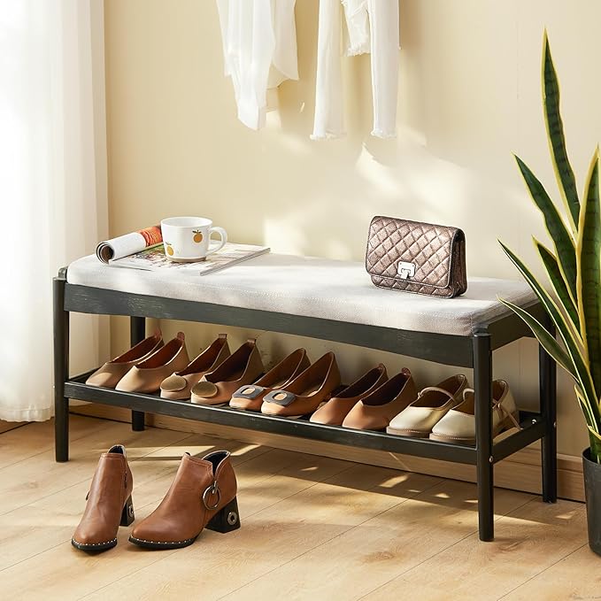 Shoe Bench Entryway Bamboo 2-Tier Shoe Rack with Cushion Padded Seat Shoe Bench Organizer Stable for Entry, Hallway, Living Room, Bedroom, Closet (39.4 * 11.4 * 16.5IN, Black-Gray)
